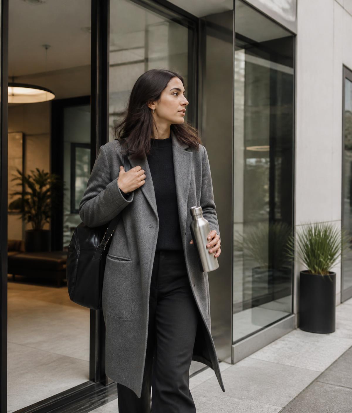 Professional leaving a coworking building carrying a stainless steel MarketSculpt bottle